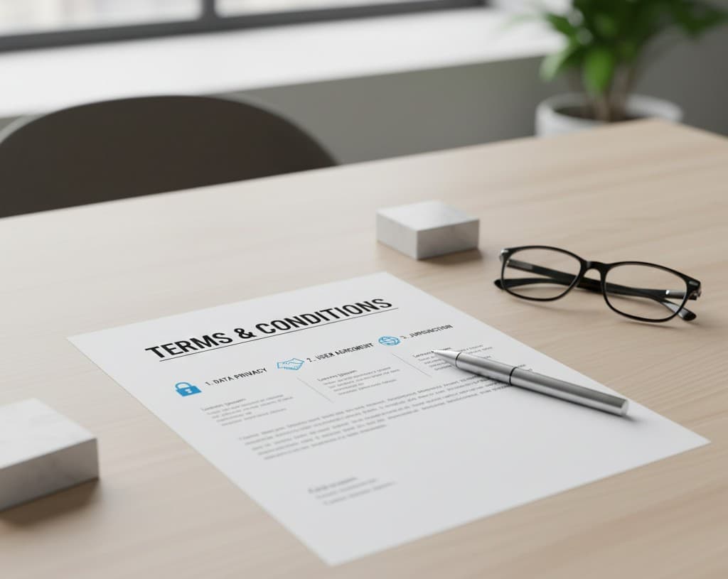 Legal document with terms and conditions text on a wooden table, showing important legal agreements